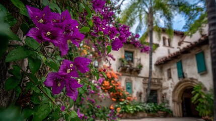 Fototapeta premium Rustic Mediterranean Courtyard with Pink Bougainvillea in White Pot