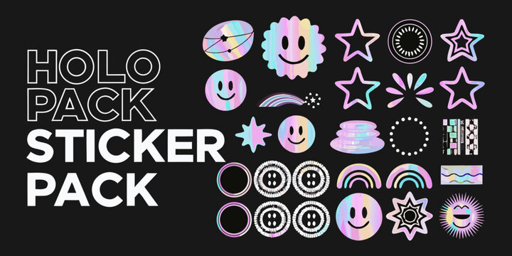 Holographic sticker pack illustration with iridescent effects on a black background