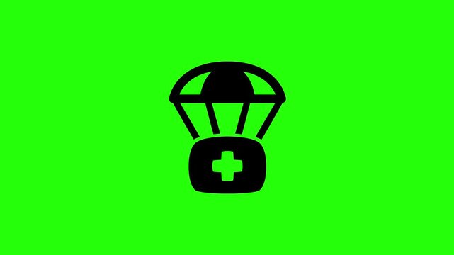 Premium 4K motion graphic of a first aid medical kit box falling with a parachute silhouette bouncing. Ideal disaster relief asset.