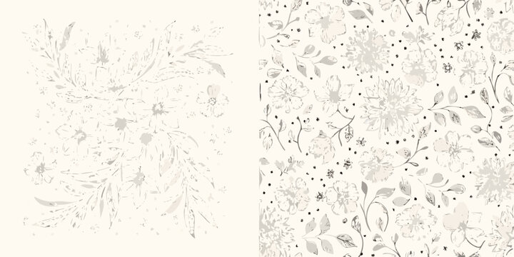 Floral ornament with sketched leaves and blossoms grayscale vector illustration