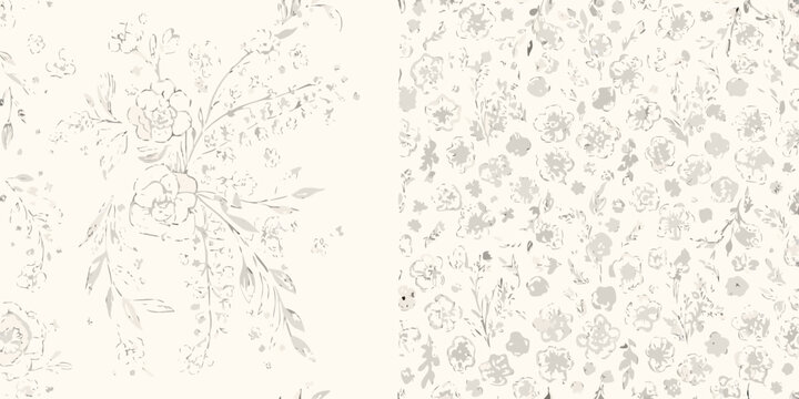 Floral ornament with sketched botanical elements on a cream background
