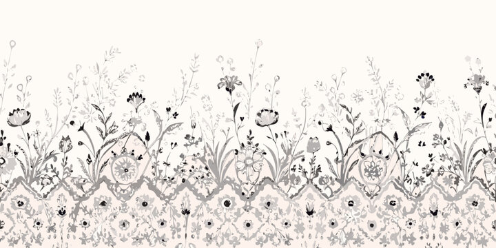 Wildflower border pattern a hand drawn grayscale vector illustration