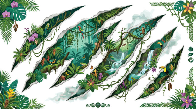 Tropical jungle claw scratch vector illustration with wild rainforest plants, exotic birds, hidden waterfalls, monkeys, and ripped paper hole effect.