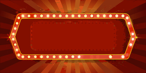Rectangular marquee sign frame with illuminated bulbs and red background © Dibyendu
