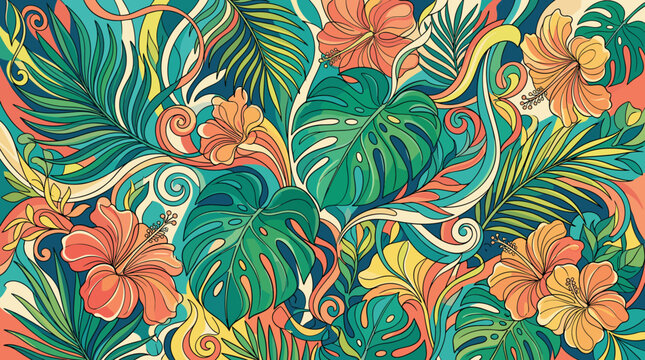 Vibrant tropical pattern featuring hibiscus flowers, monstera leaves, and swirling organic shapes. A colorful, artistic botanical background for summer designs and nature concepts.
