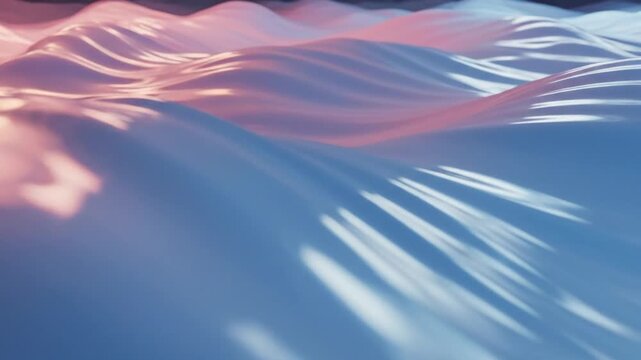 Smooth abstract waves of pink and blue flowing and curving in a liquid motion. Digital background featuring soft gradient transitions between magenta and cyan silk-like textures.