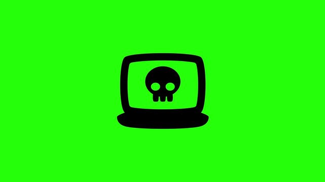 Professional 4K footage of a personal notebook computer screen displaying a dangerous skull icon silhouette bouncing cleanly. Great hacker web graphic.