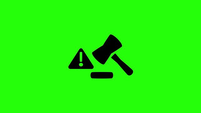 Beautiful 4K motion asset containing a courtroom judge hammer gavel paired with a sharp warning alert triangle silhouette bouncing. Clean law chart graphic.