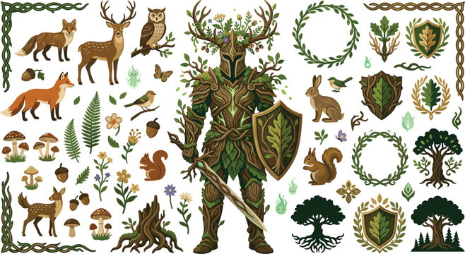 Fantasy forest knight armor vector element set with druid warrior, woodland animals, leaf shields, tree wreaths, vines, and mythical nature details.