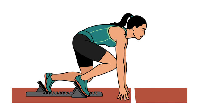 Female sprinter at starting blocks, ready to race on track, athletic competition, side view