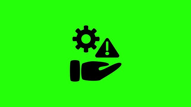 Clean 4K horizontal video showing a supportive hand with mechanical engineering gear wheels and a warning sign silhouette bouncing. High quality graphic asset.
