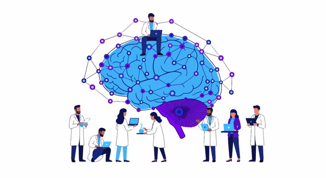 Artificial Intelligence and Neuroscience Research: Scientists Developing Human Brain Neural Network Concept Vector Illustration