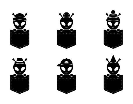 Six Alien Pocket Icons, Sci-Fi Characters in Hats, Black and White Vector Graphics for Creative Projects