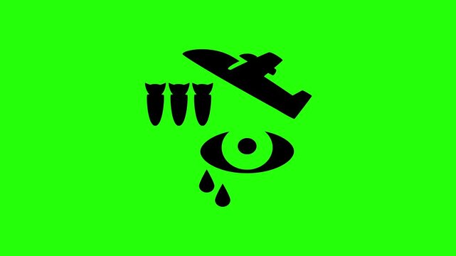 Premium 4K video showcasing an air force jet fighter plane with falling bombs and a crying eye silhouette bouncing. Clean war humanitarian crisis asset.