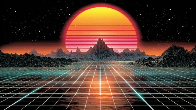 Retro futuristic landscape with digital grid and mountain range under large sun
