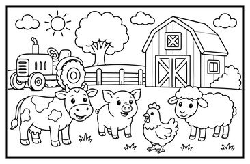 Farm coloring page featuring cute animals like a cow pig chicken and sheep with tractor barn