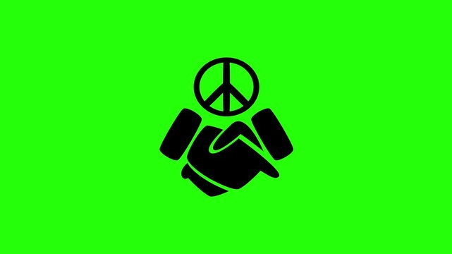 Clean 4K horizontal video of two diplomatic hands shaking below an international peace dove bird emblem silhouette bouncing. Universal treaty asset.