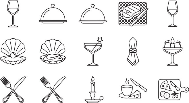 Dining and restaurant service icons set showcasing wine glass dinner cloche steak cutlery pearl shell cocktail napkin candle.