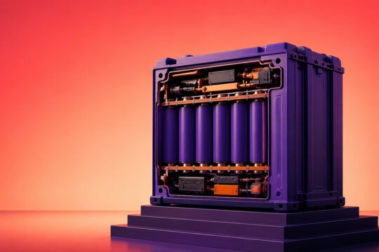 Futuristic battery energy storage module in a sleek industrial enclosure for advanced power technology