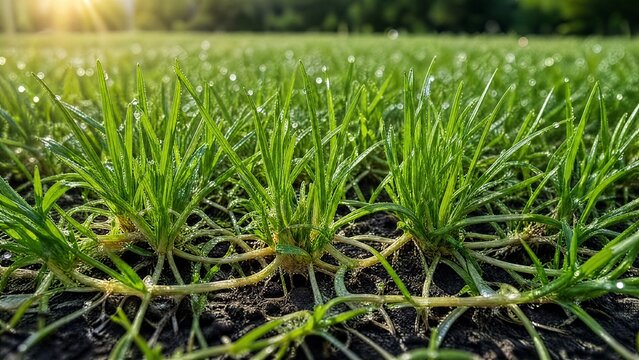 Lush green lawn with stolon network connecting grass clusters, morning dew.