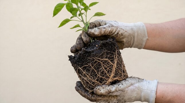 Gloved Hands Holding Young Seedling With Root Ball, Planting and New Growth Concept