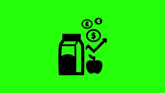 Dynamic 4K resolution asset showing a milk carton and apple fruit near a steep rising market chart arrow silhouette bouncing. Playful retail asset.