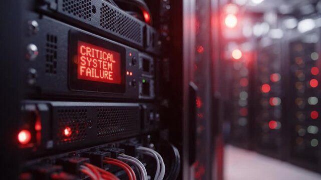Data center server rack showing critical system failure warning