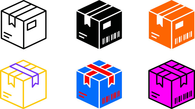 Colorful boxes with barcode labels and stickers on white background