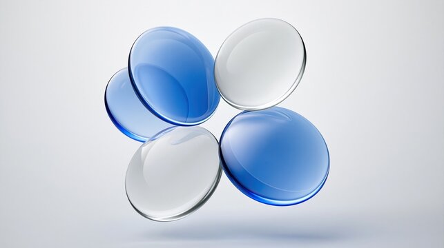 Five alternating blue and white transparent convex round glass discs floating in air on plain light gray background modern abstract 3d design for contemporary graphic projects