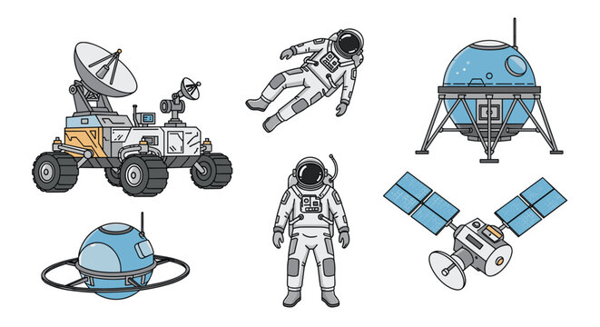 Vector illustration pack contains various space mission elements like astronauts lunar rovers and orbital satellites.