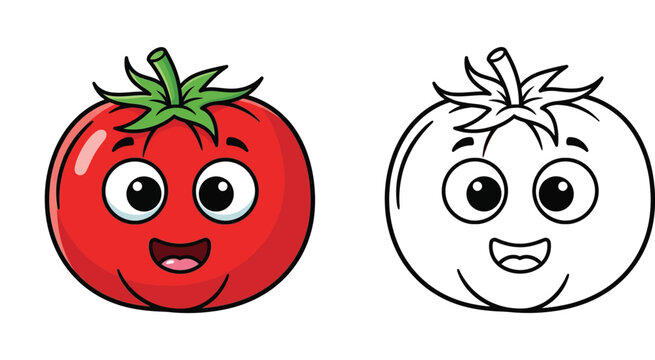 Cute Tomato Cartoon Character and Line Art Version Vector Illustration, Funny Vegetable Mascot for Kids Coloring Book and Educational Material