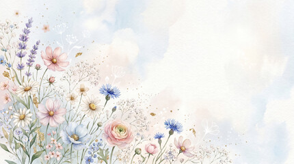 Fototapeta premium 水彩で描かれた可憐な花々のフレーム背景｜エレガントなボタニカルデザイン