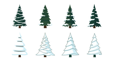 Obraz premium Grid of eight different evergreen pine trees covered in patches of white snow creates a versatile winter forest collection for design.