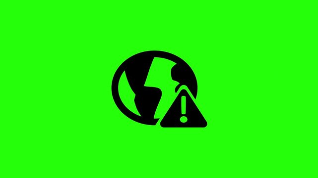 High quality 4K motion asset featuring a geographic world globe paired with a sharp warning alert exclamation triangle silhouette bouncing. Hazard icon.