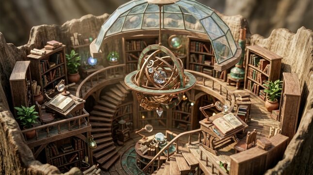 Fantasy library with spiral staircase.