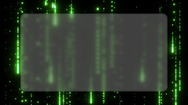 A stunning video animation depicts soft sparkling green particles raining on a black background. The elegant frosted glassmorphism layer offers a sophisticated template for custom text.
