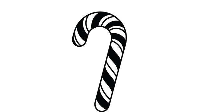 Black and white candy cane icon with a striped pattern isolated on a white background for Christmas and holiday themes.