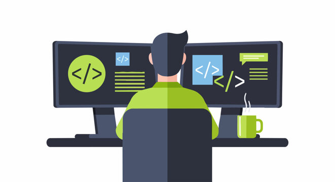 Software Developer Working on Dual Monitor Setup Vector Illustration - Coding, Web Development and IT Programming Concept