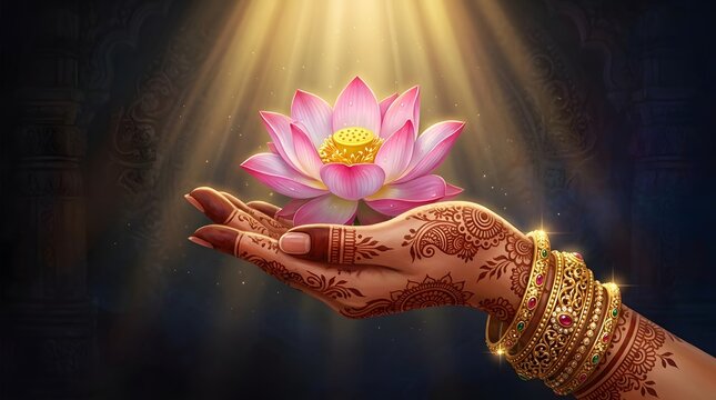 Beautifully detailed woman hand adorned with traditional henna patterns and intricate gold bracelets gently holds a vibrant blooming pink lotus flower under a soft ethereal golden light shining 