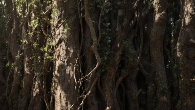 Sunlit Tree Trunks in a Dense Forest.
