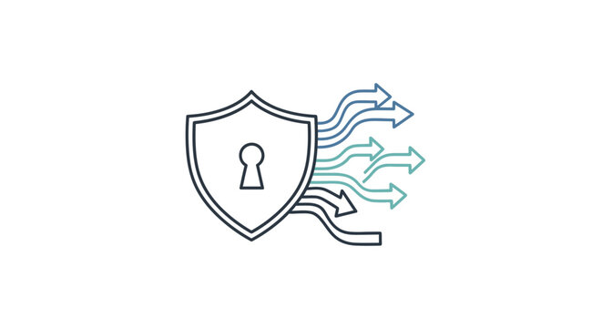 Cyber security shield icon with data stream arrows representing protection and network information.