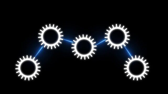 Minimalist white gear cogs animation connected with glowing blue lines on a digital monitor . 4k animation video  .....