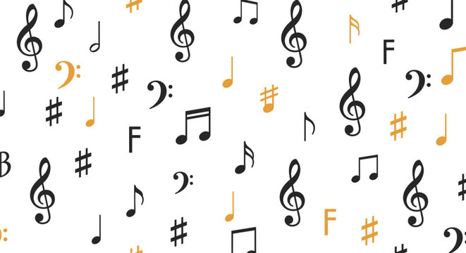 Elegant seamless pattern of various black and gold music notes and symbols on a white background for musical themed designs.
