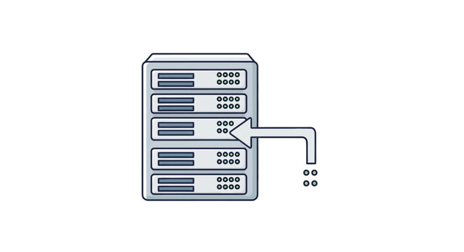 Server rack with arrow showing data transfer and information output to external storage or cloud system.
