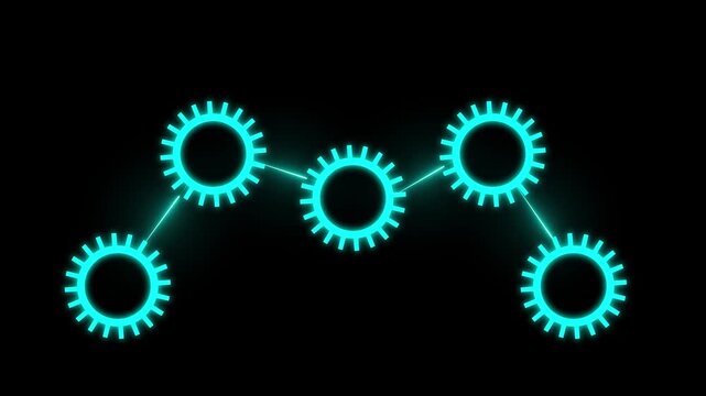 Minimalist white gear cogs animation connected with glowing blue lines on a digital monitor . 4k animation video  .....