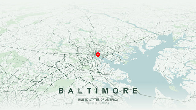Modern minimalist vector map of Baltimore, Maryland, USA. High-quality scalable illustration of Baltimore city grid, historic Inner Harbor and Fells Point waterfront for posters design.