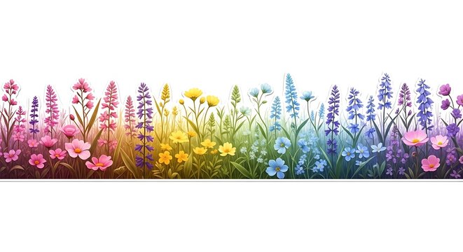 Vibrant rainbow colorful flowers field landscape.