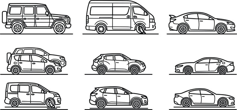 Automobile transportation line icon set representing sedan van suv crossover hatchback vehicles for urban transit