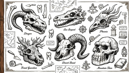 Mythological monster skull fossil vector set featuring dragon sea serpent phoenix titan bones hand drawn paleontology explorer maps and vintage archaeology research tools © Sukhi
