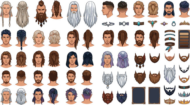 Fantasy RPG character creator vector asset pack featuring medieval hairstyles elf ears male avatars avatars front and back head views jewelry accessories beard and crown assets
